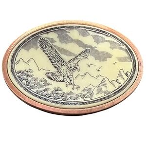 Vintage Hand Crafted Eagle‎ Belt Buckle Scrimshaw Series Oval Copper Tone